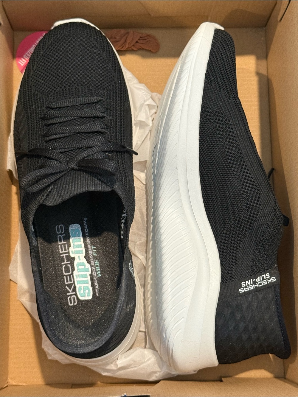 Skechers Women’s Black Slip-On Knit Sneakers with White Sole - Picture 2 of 3